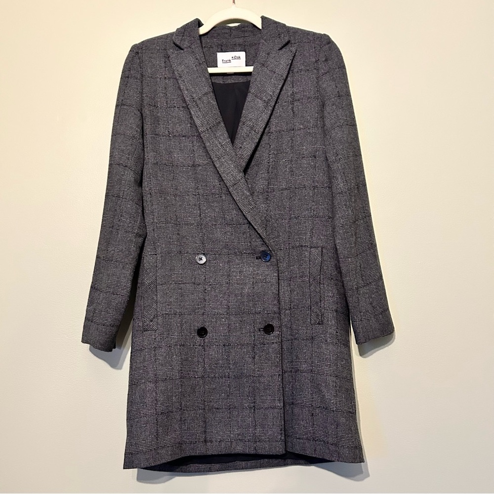Frank + Oak- long wool blazer, grey plaid, size xs